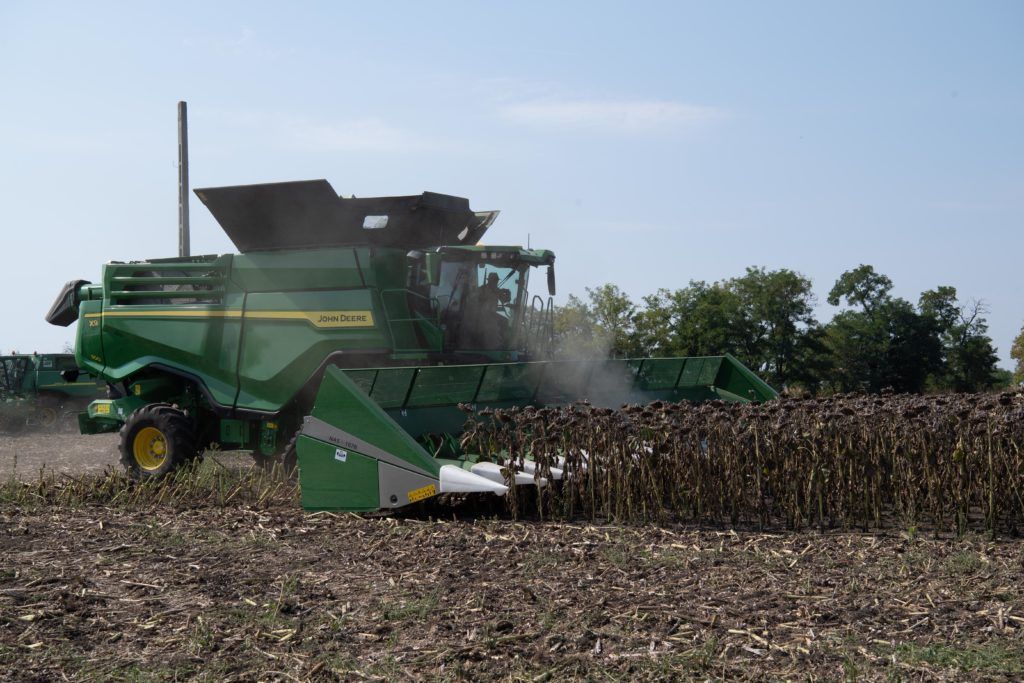 A John Deere X9 napraforgó aratása közben