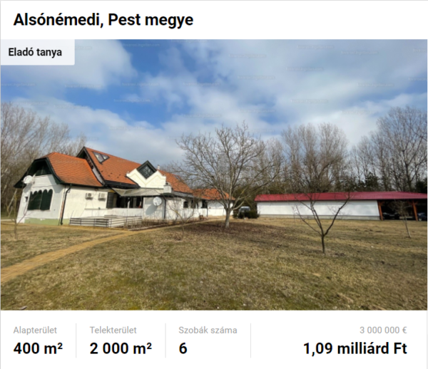 Alsónémedi tanya 1 milliárd feletti vételárral