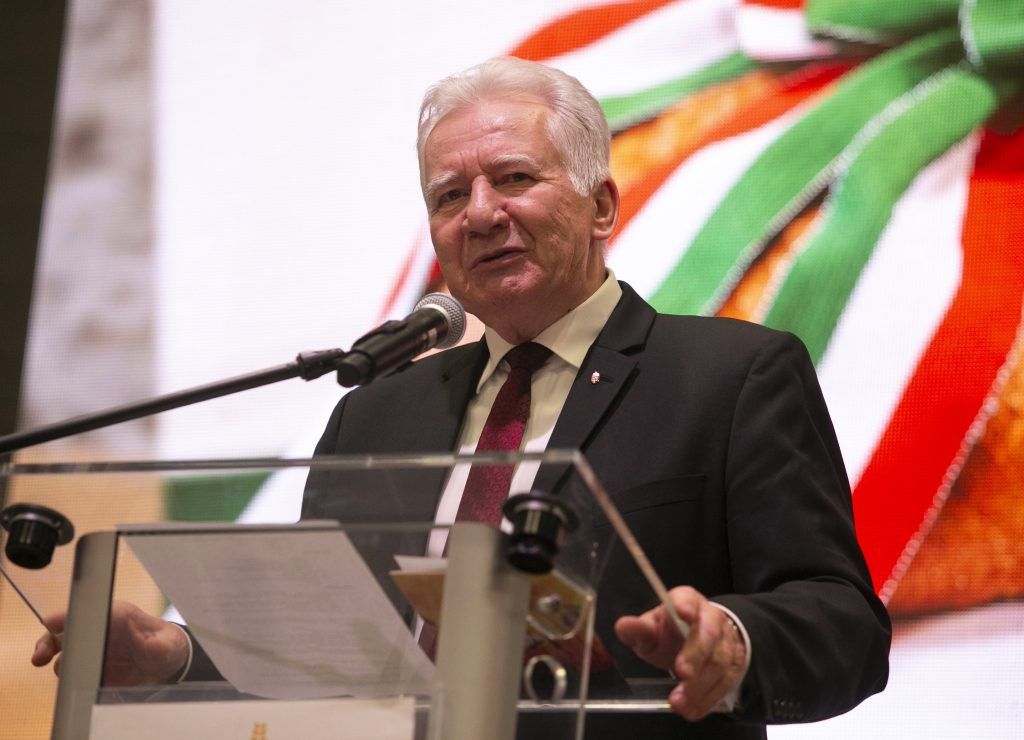 Jakab István, az Országgyűlés alelnöke, a Magyar Gazdakörök és Gazdaszövetkezetek Országos Szövetségének elnöke beszédet mond a Magyarok kenyere - 15 millió búzaszem jótékonysági kezdeményezés 2023. évi Kárpát-medencei adományozó ünnepségén az Állami Gondoskodásban Élő és Veszélyeztetett Fiatalok Támogatásáért Alapítvány (Ágota) Bács-Kiskun rendezvényhelyszínén, ÁGOTAFalván, a Bács-Kiskun vármegyei Tasson 2023. november 11-én. MTI/Bús Csaba