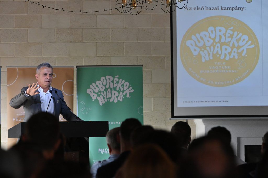 Rókusfalvy Pál nemzeti bormarketingért felelős kormánybiztos beszél az Ötödik Pezsgőkonferencia és pezsgőünnepen az etyeki Rókusfalvy Birtokon 2023. augusztus 31-én. MTI/Bruzák Noémi