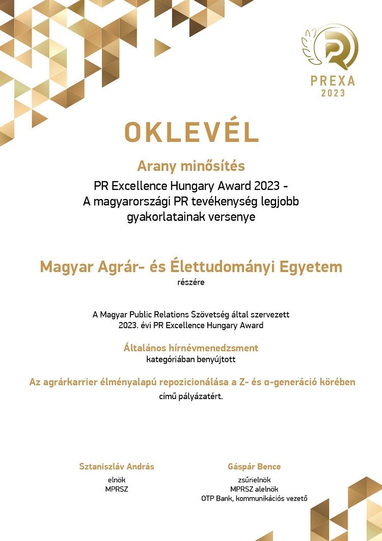 Az oklevél – fotó: MATE