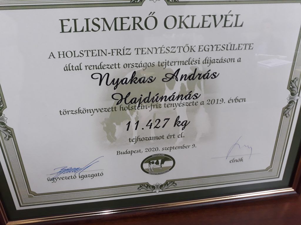 A Nyakas Farm Holstein-fríz tejelőmarháinak teljesítményét elismerő oklevél - Fotó: Magro.hu, CSZS, Hajdúnánás