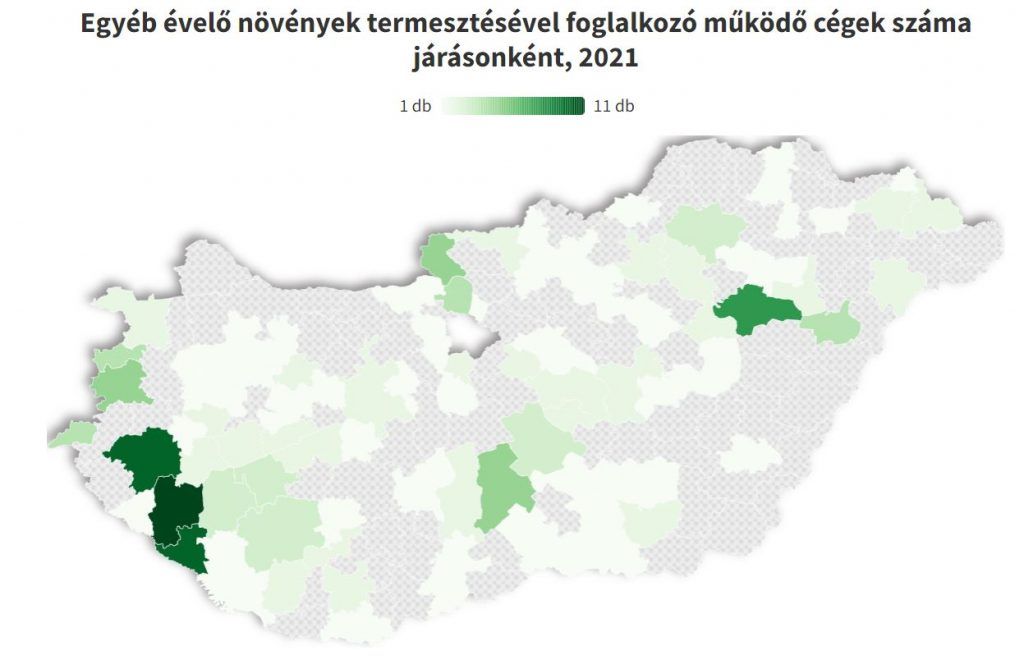 A karácsonyfa termesztés a sötétebb zöld területeken jellemző - egyéb évelő növények termesztésével foglalkozó működő cégek száma járásonként, 2021