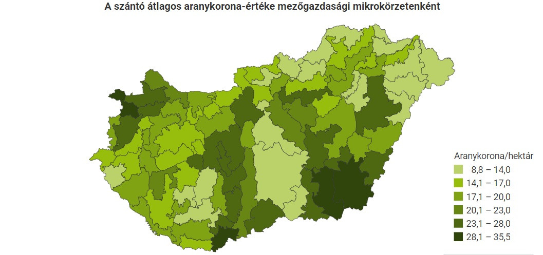 A szántóföldek átlagos aranykorona-értéke mezőgazdasági mikrokörzetenként